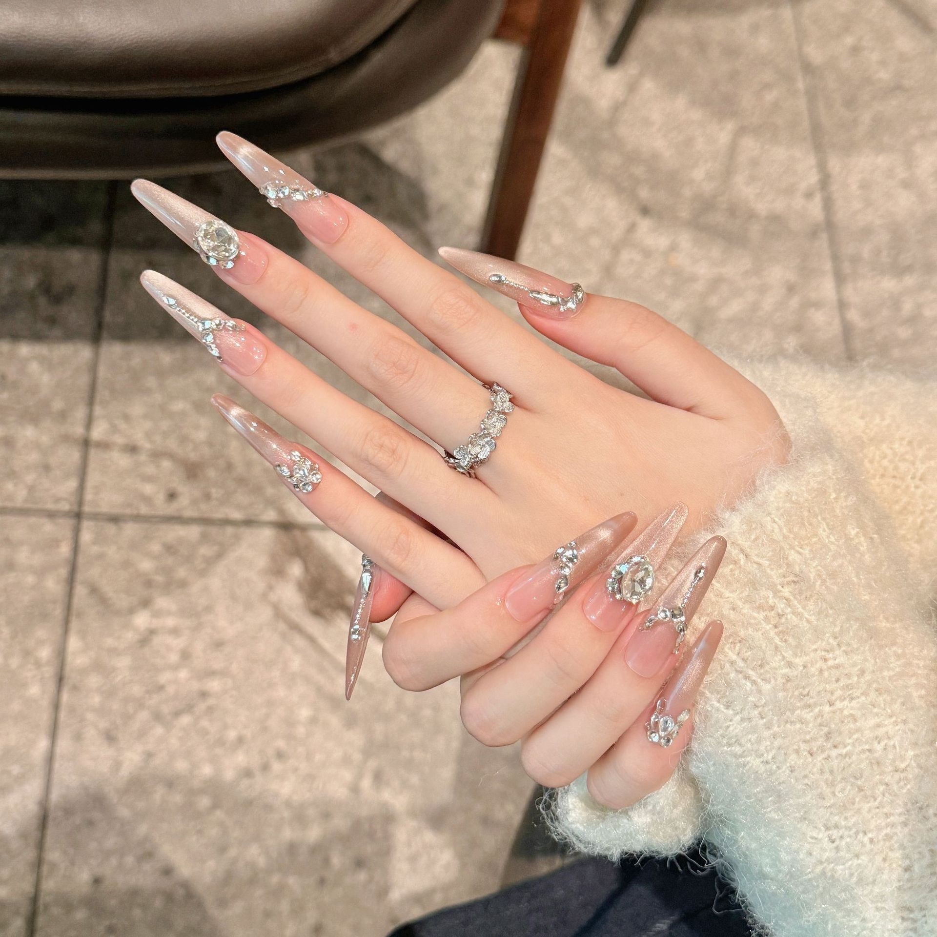 Long blush crystal French press-on nails