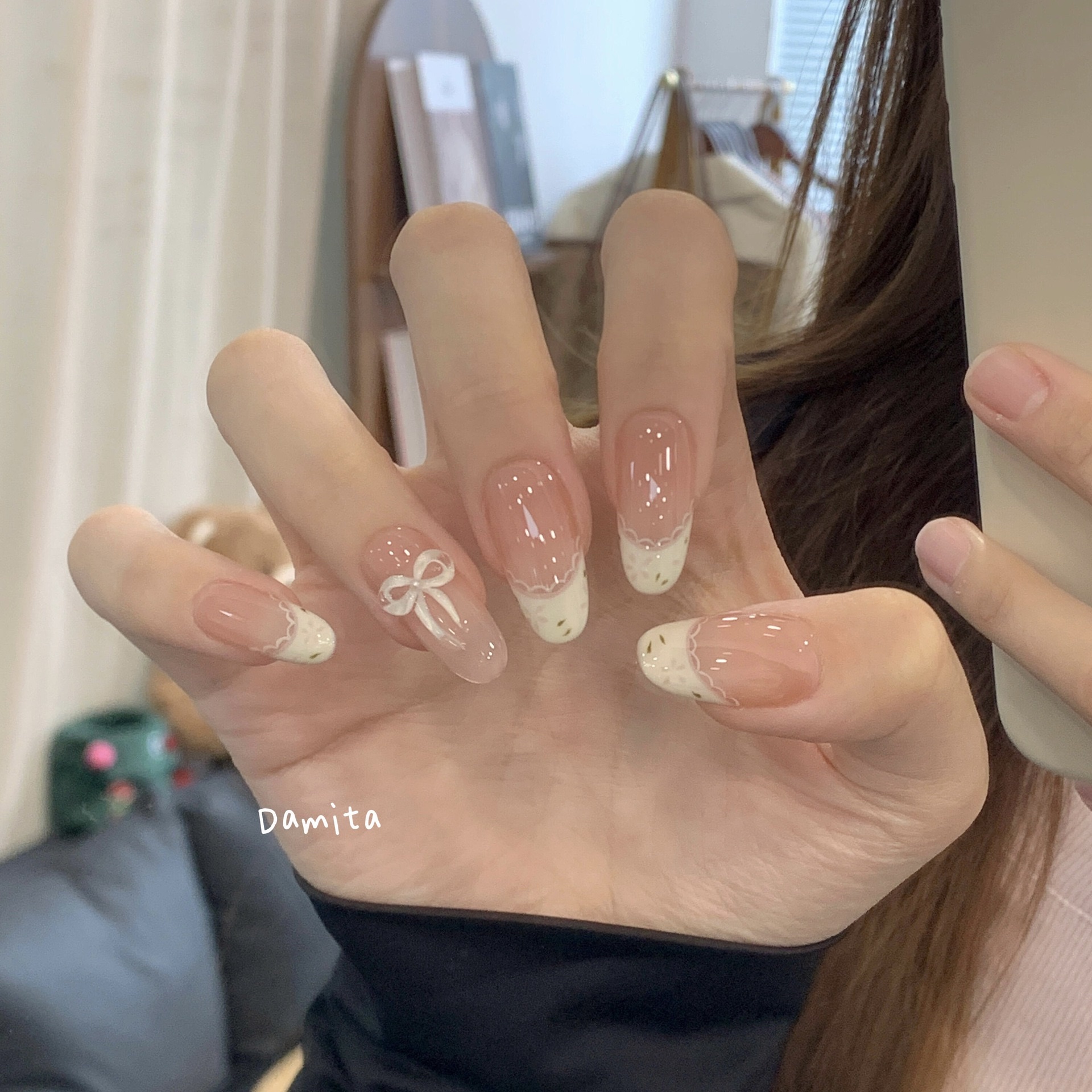 Nude French bow press-on nails